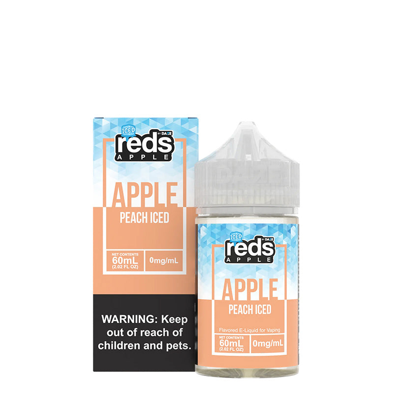 A box of ICED Peach Reds Apple eJuice with a warning sign and a 60ml bottle next to it - Vaper Corner