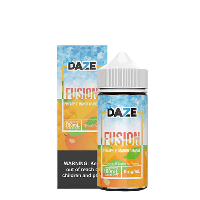 A box of ICED Pineapple Mango Orange 7 Daze Fusion with a warning sign and a 100ml bottle next to it - Vaper Corner