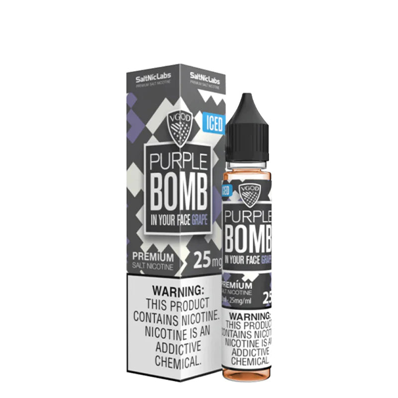 A box of ICED Purple Bomb VGOD SaltNic with a warning sign and a 30ml bottle next to it - Vaper Corner