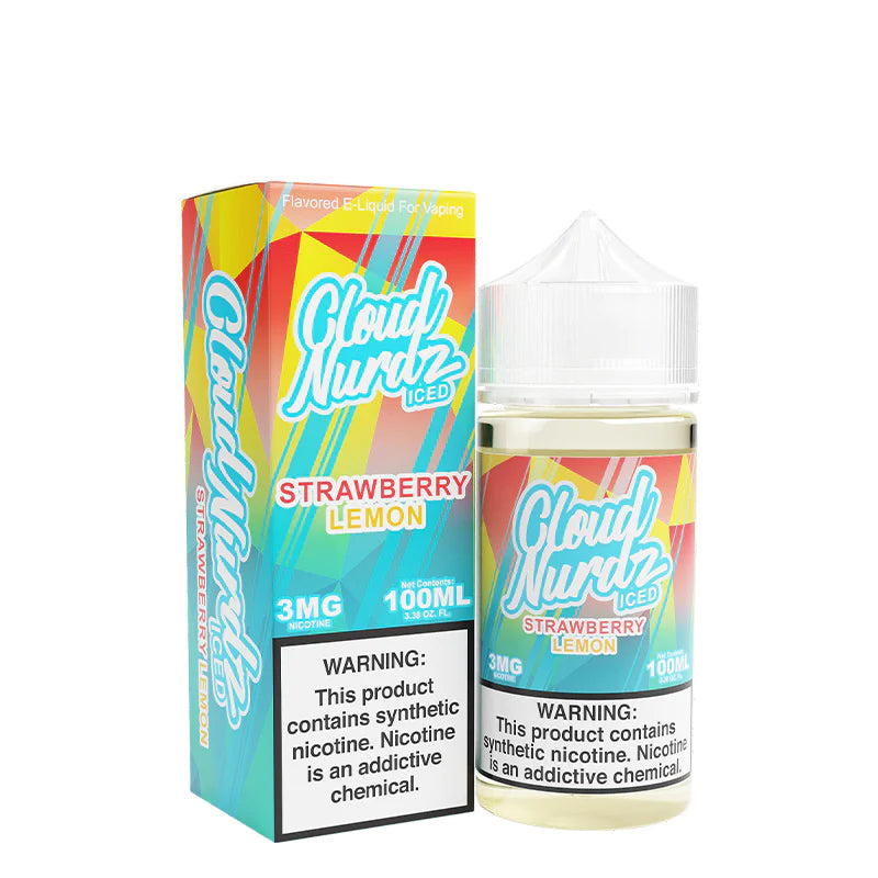 A box of Iced Strawberry Lemon TFN Cloud Nurdz with a warning sign and a 100ml bottle next to it - Vaper Corner