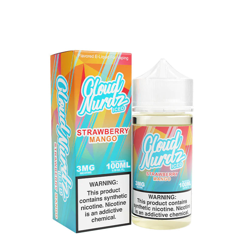 A box of Iced Strawberry Mango TFN Cloud Nurdz with a warning sign and a 100ml bottle next to it - Vaper Corner