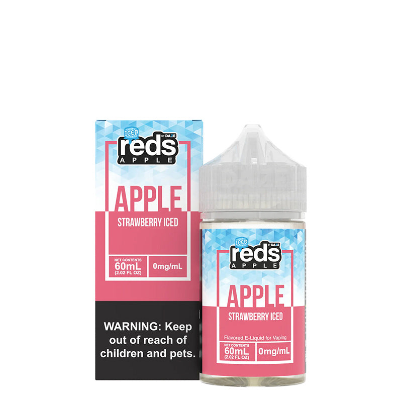 A box of ICED Strawberry Reds Apple eJuice with a warning sign and a 60ml bottle next to it - Vaper Corner