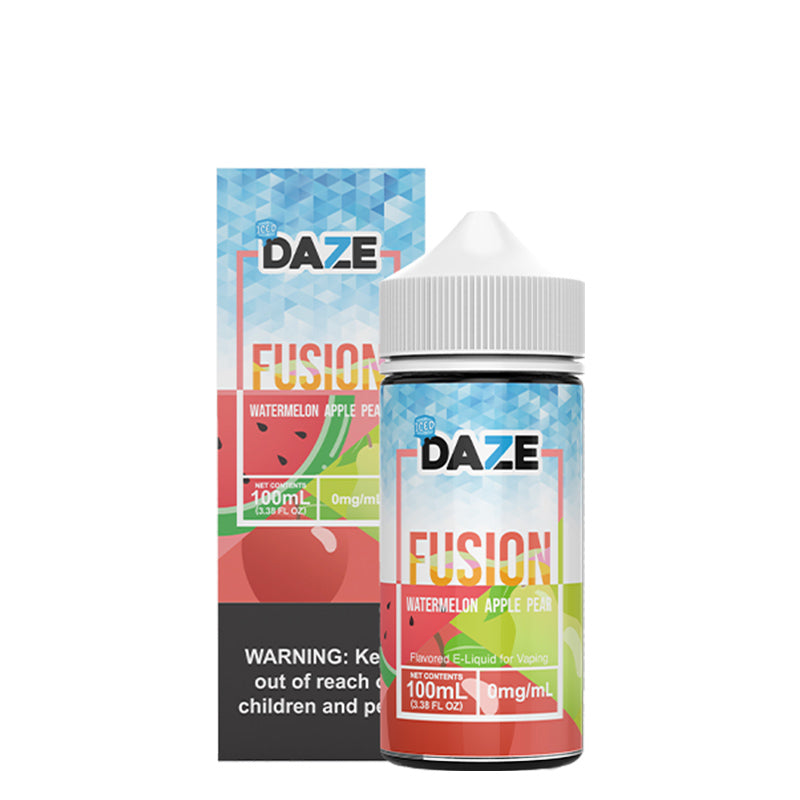 A box of ICED Watermelon Apple Pear 7 Daze Fusion with a warning sign and a 100ml bottle next to it - Vaper Corner