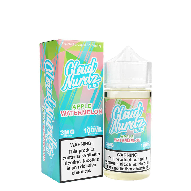 A box of Iced Watermelon Apple TFN Cloud Nurdz with a warning sign and a 100ml bottle next to it - Vaper Corner