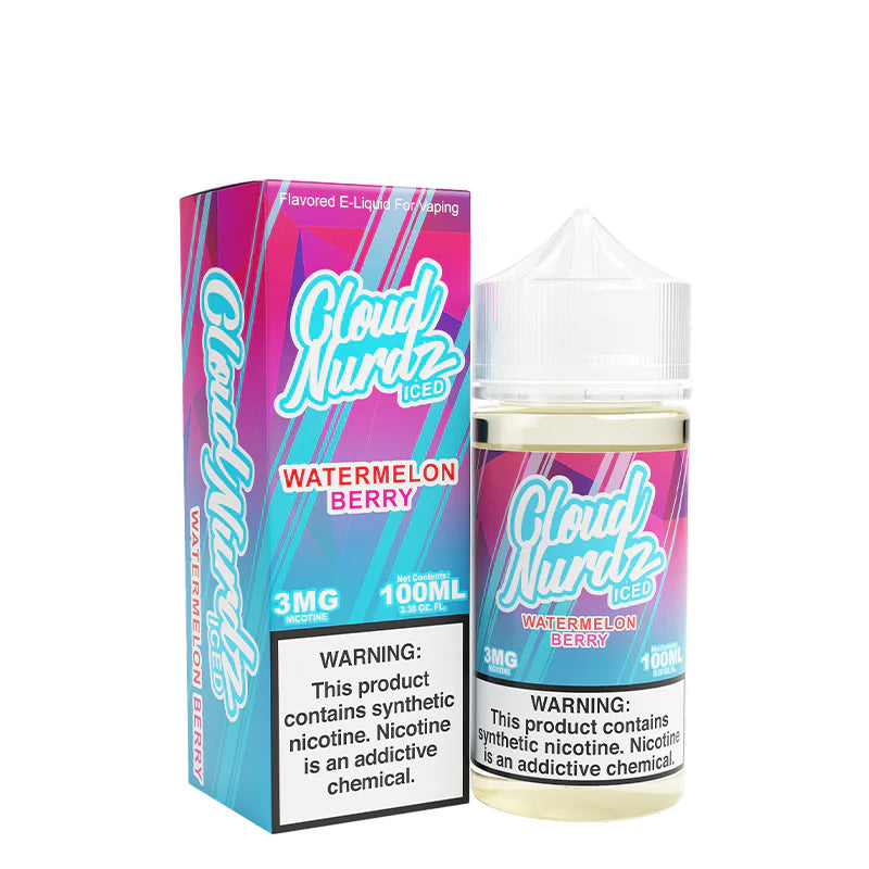 A box of Iced Watermelon Berry TFN Cloud Nurdz with a warning sign and a 100ml bottle next to it - Vaper Corner