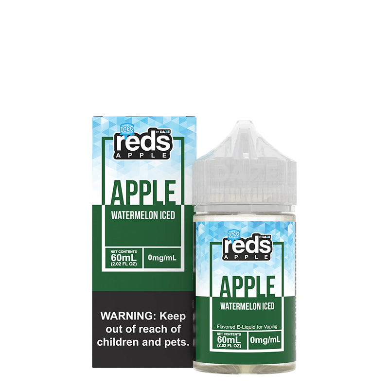 A box of ICED Watermelon Reds Apple eJuice with a warning sign and a 60ml bottle next to it - Vaper Corner