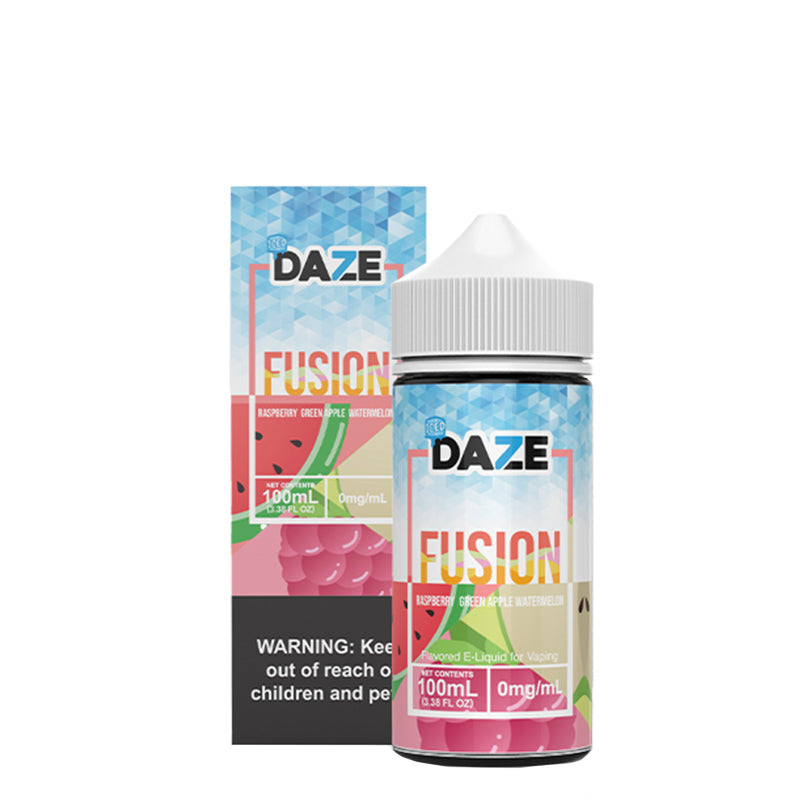 A box of ICED Raspberry Green Apple Watermelon 7 Daze Fusion with a warning sign and a 100ml bottle next to it - Vaper Corner