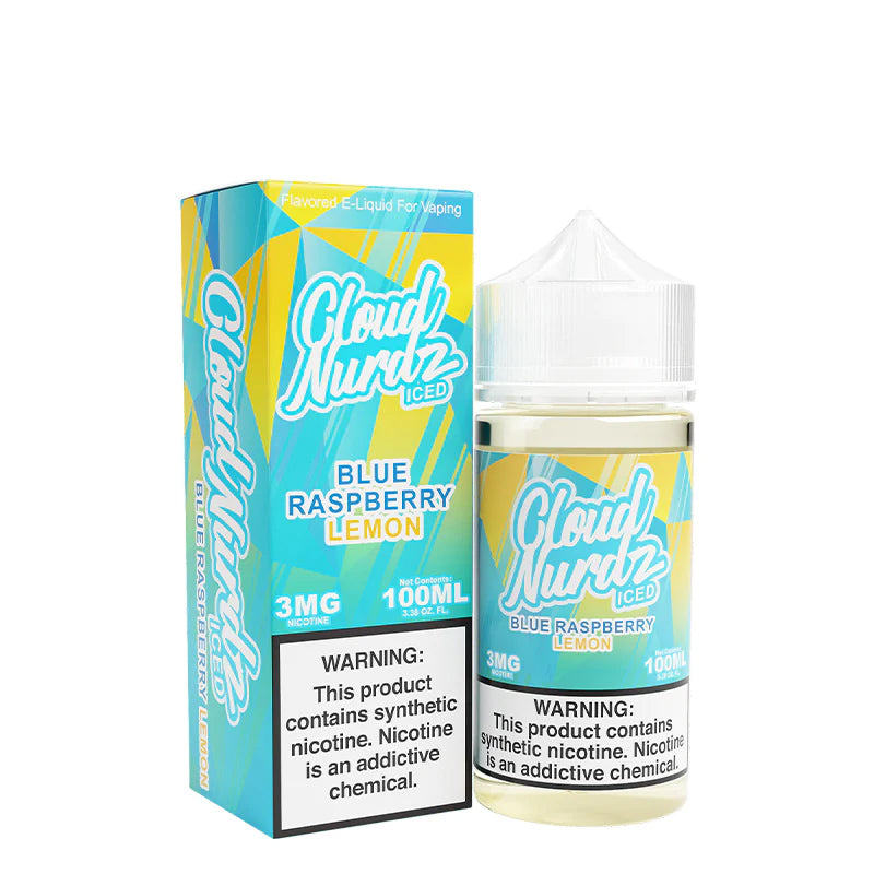 A box of Iced Blue Razz Lemon TFN Cloud Nurdz with a warning sign and a 100ml bottle next to it - Vaper Corner