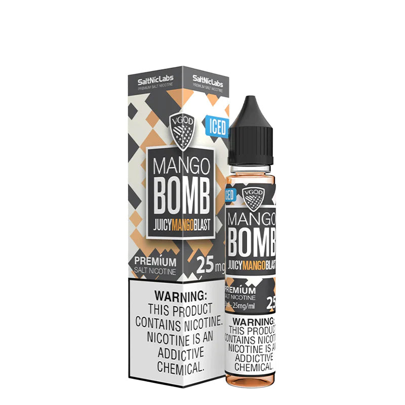 A box of ICED Mango Bomb VGOD SaltNic with a warning sign and a 30ml bottle next to it - Vaper Corner