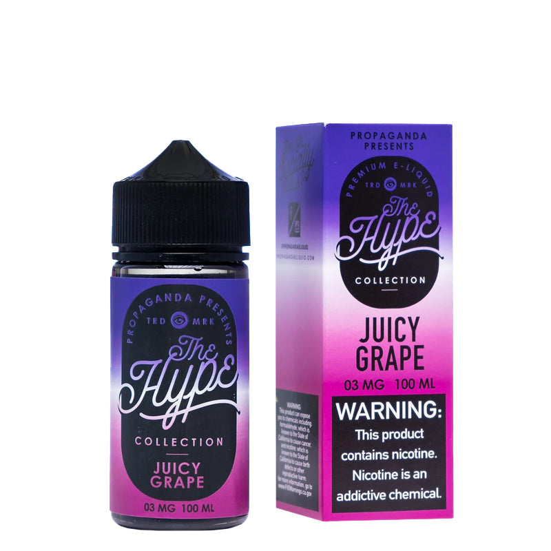 A 100ml bottle of Juicy Grape Propaganda The Hype eLiquid and a box with a warning sign next to it - Vaper Corner