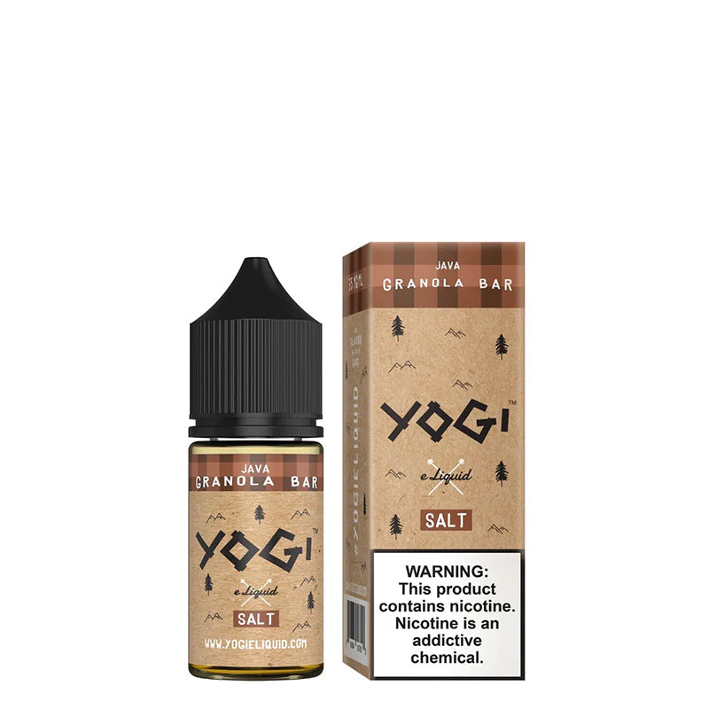 A 30ml bottle of Java Granola Bar YOGI Salt and a box with a warning sign next to it - Vaper Corner