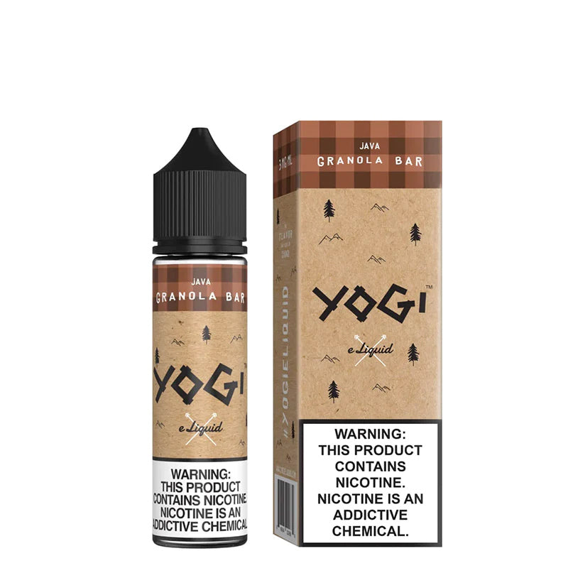 A 60ml bottle of Java Granola Bar YOGI eLiquid and a box with a warning sign next to it - Vaper Corner