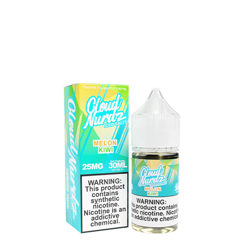 A box of Kiwi Melon ICED TFN Salts Cloud Nurdz with a warning sign and a 30ml bottle next to it - Vaper Corner