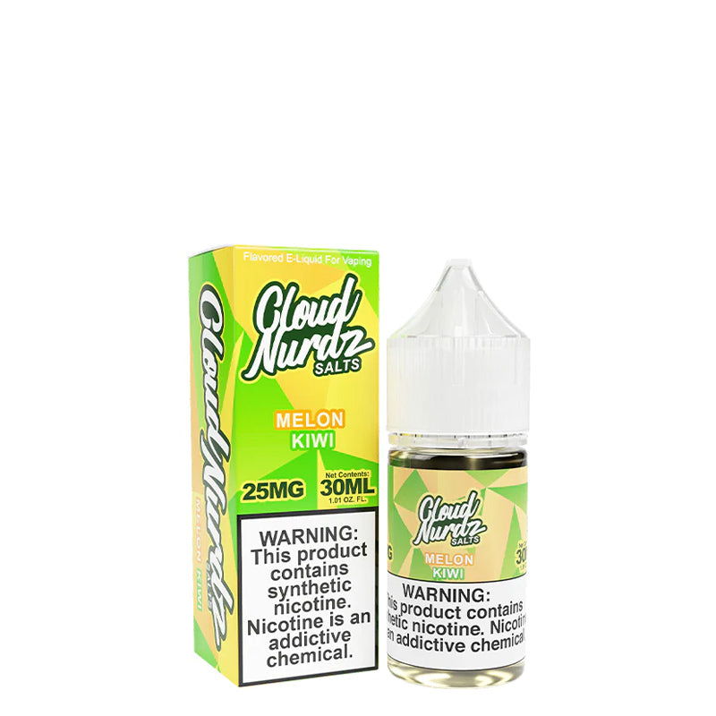 A box of Kiwi Melon TFN Salts Cloud Nurdz with a warning sign and a 30ml bottle next to it - Vaper Corner