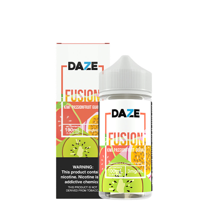 A box of Kiwi Passionfruit Guava 7 Daze Fusion with a warning sign and a 100ml bottle next to it - Vaper Corner