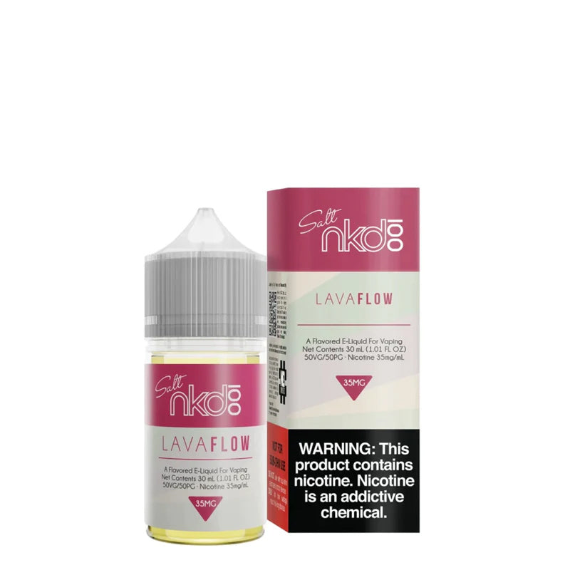 A 30ml bottle of Lava Flow Naked 100 Salt eLiquid and a box with a warning sign next to it - Vaper Corner