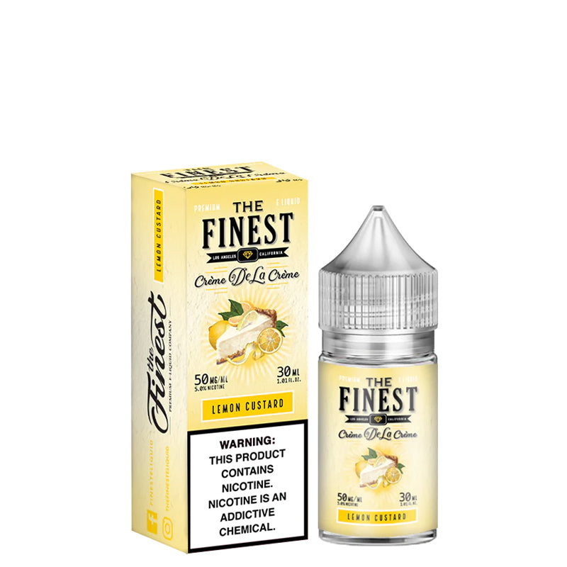 A box of Lemon Custard Finest SaltNic Series with a warning sign and a 30ml bottle next to it - Vaper Corner