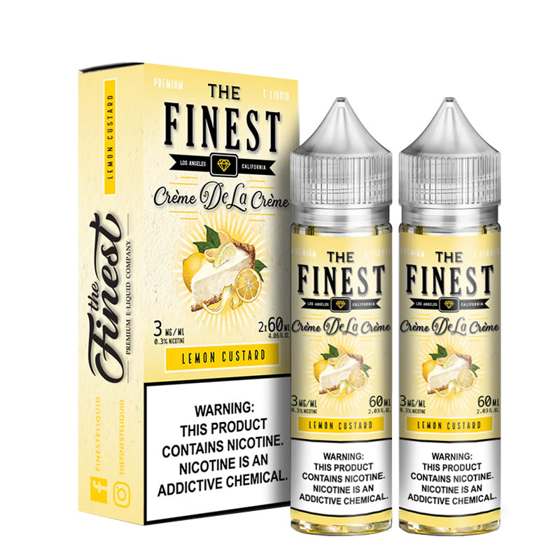 A box of Lemon Custard Finest eLiquid with a warning sign and two 60ml bottles next to it - Vaper Corner