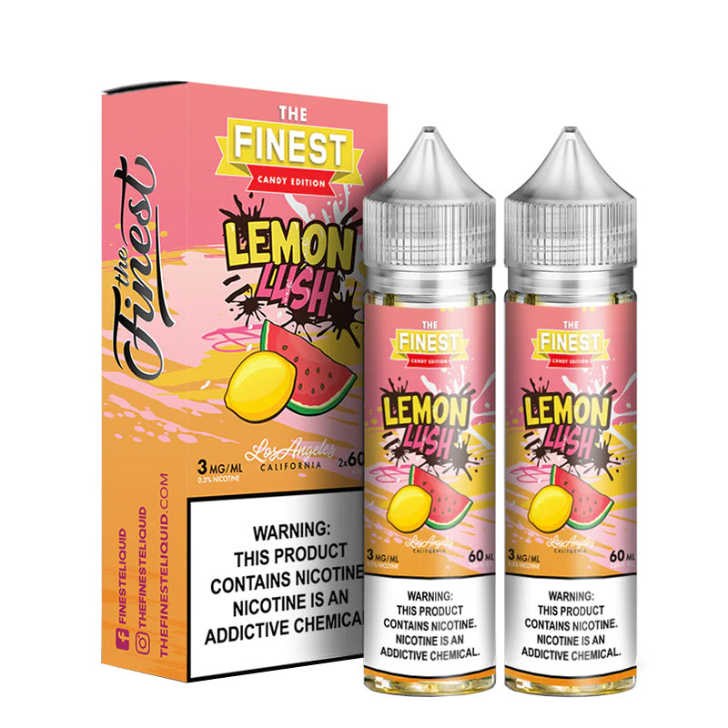 A box of Lemon Lush Finest Sweet & Sour with a warning sign and two 60ml bottles next to it - Vaper Corner