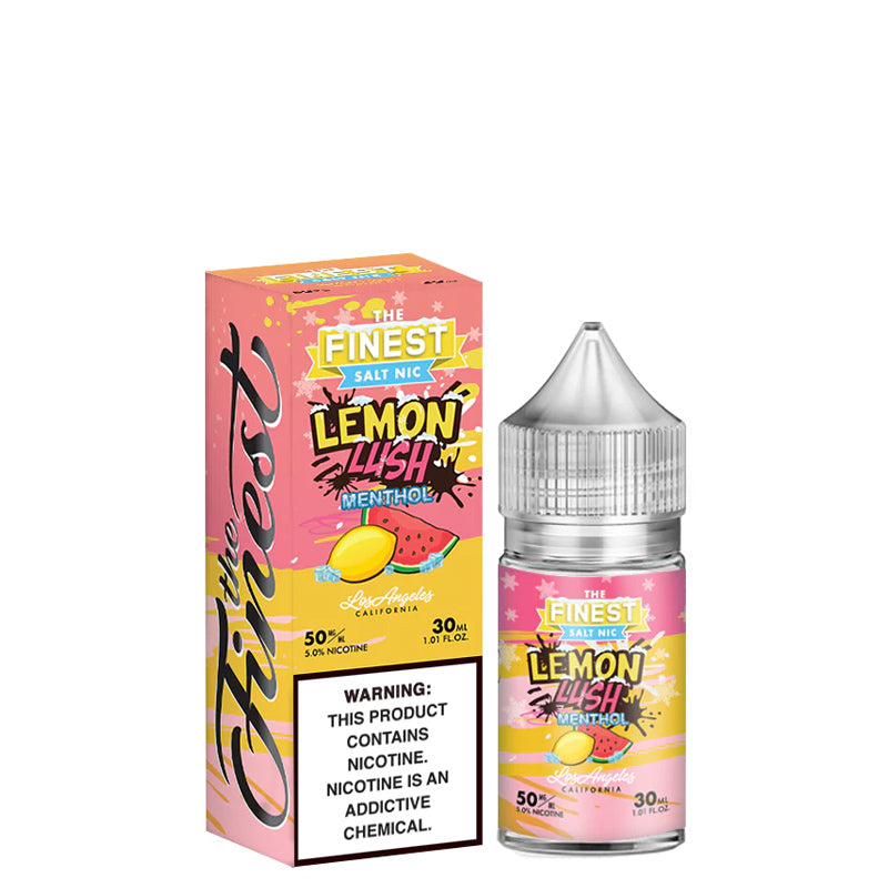 A box of Lemon Lush Menthol Finest SaltNic Series with a warning sign and a 30ml bottle next to it - Vaper Corner