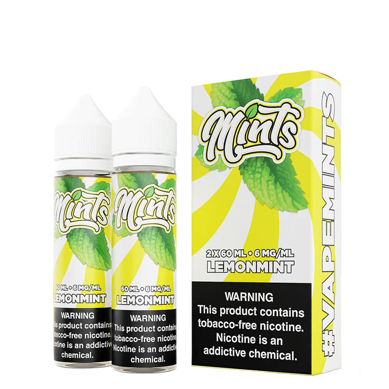 Two 60ml bottles of Lemonmint Mints eLiquid with a warning sign and a box next to it - Vaper Corner