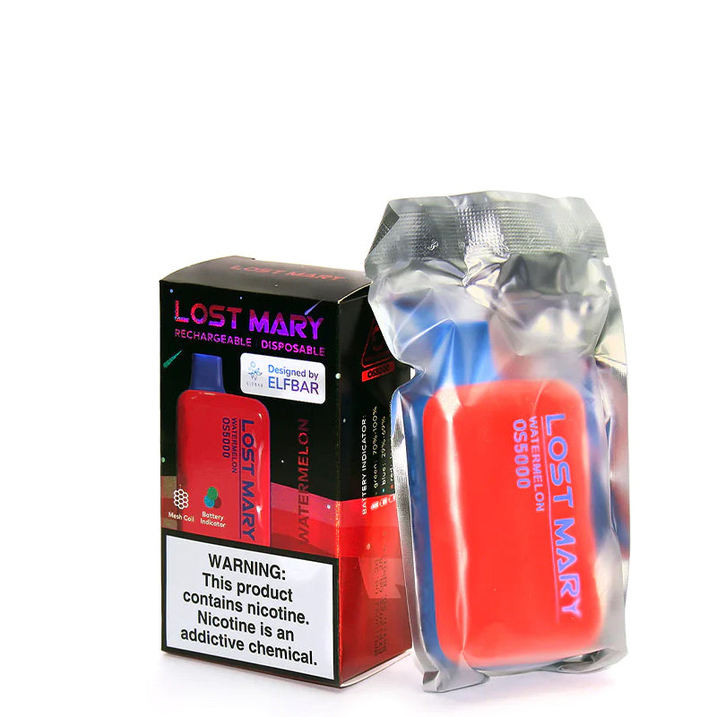 A box of LOST MARY OS5000 Disposable Vape with a warning sign and a device next to it - Vaper Corner