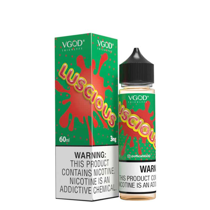 A box of Luscious VGOD eLiquid with a warning sign and a 60ml bottle next to it - Vaper Corner