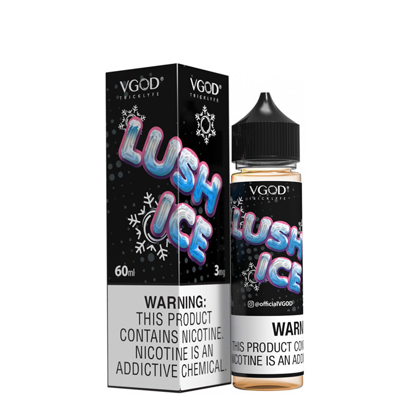 A box of Lush ICE VGOD eLiquid with a warning sign and a 60ml bottle next to it - Vaper Corner