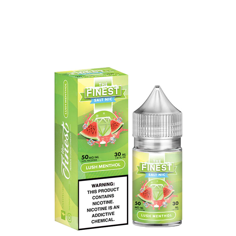 A box of Lush Menthol Finest SaltNic Series with a warning sign and a 30ml bottle next to it - Vaper Corner