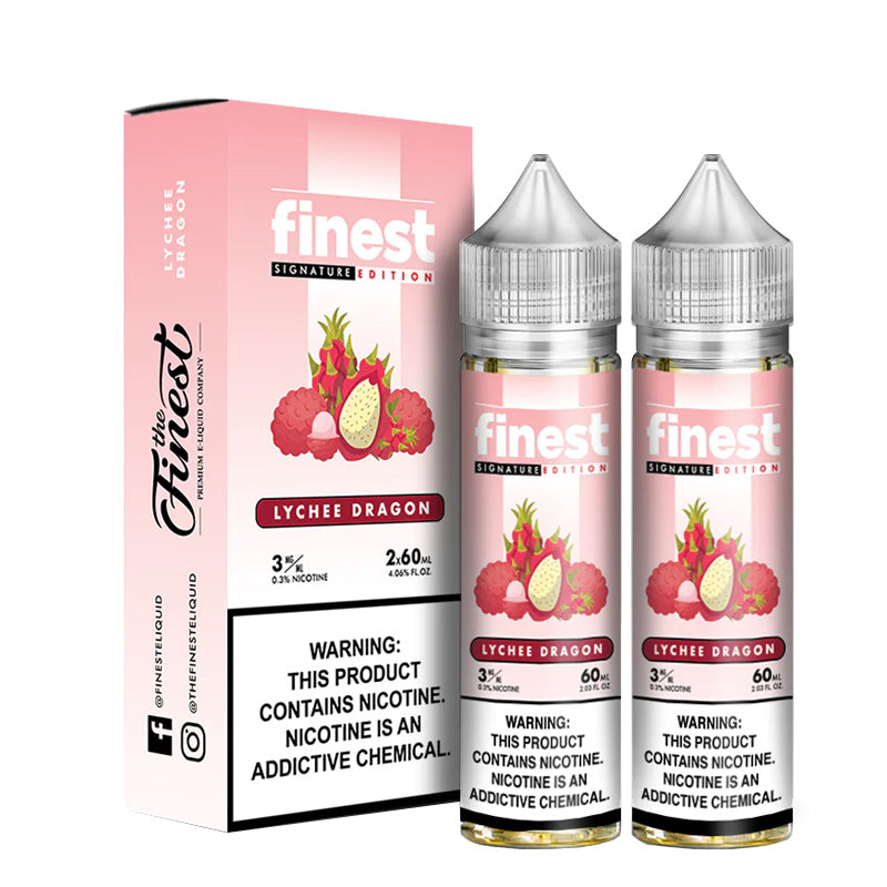 A box of Lychee Dragon Finest Signature Edition eLiquid with a warning sign and two 60ml bottles next to it - Vaper Corner