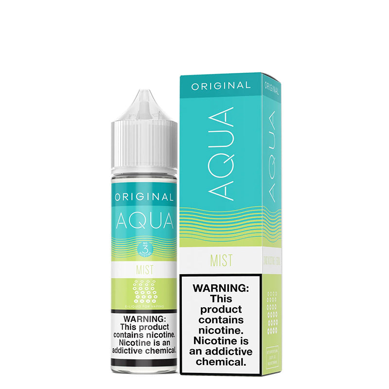 A 60ml bottle of MIST AQUA Original eLiquid with a warning sign and a box next to it - Vaper Corner