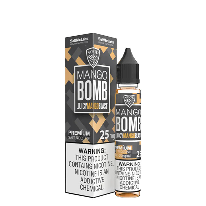 A box of Mango Bomb VGOD SaltNic with a warning sign and a 30ml bottle next to it - Vaper Corner