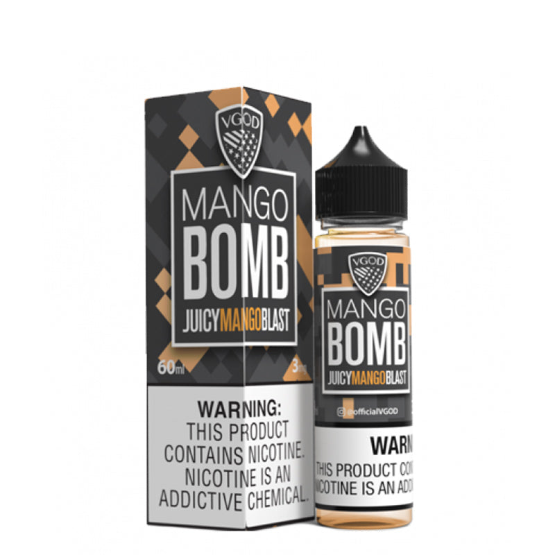 A box of Mango Bomb VGOD eLiquid with a warning sign and a 60ml bottle next to it - Vaper Corner