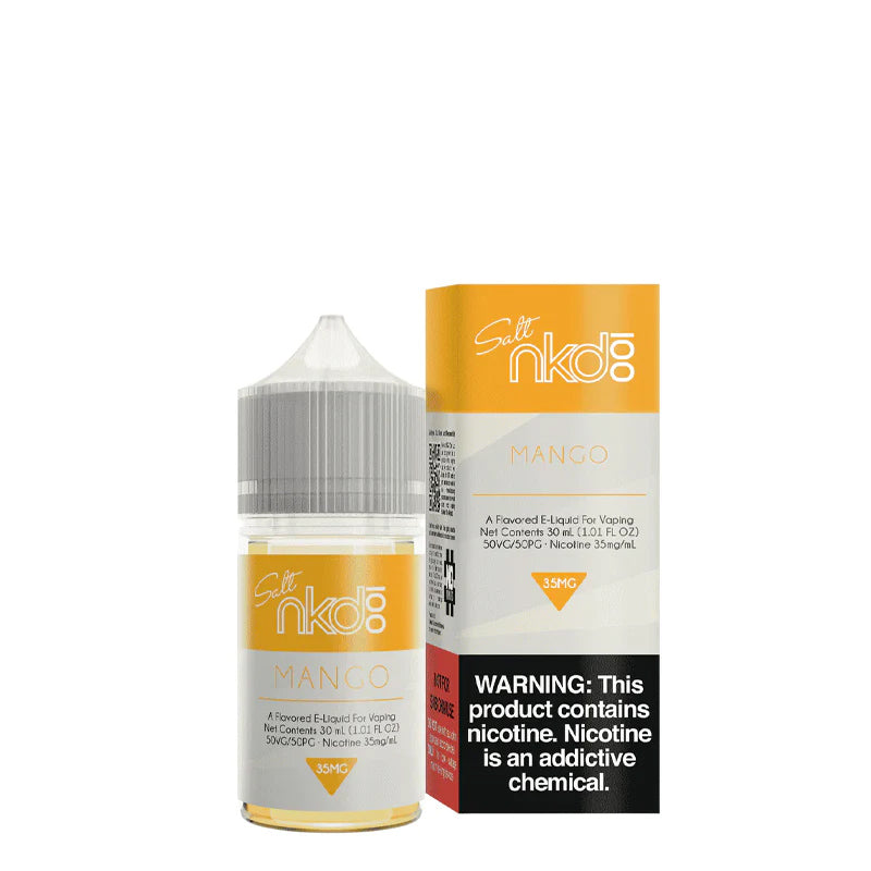 A 30ml bottle of Mango Naked 100 Salt eLiquid and a box with a warning sign next to it  - Vaper Corner