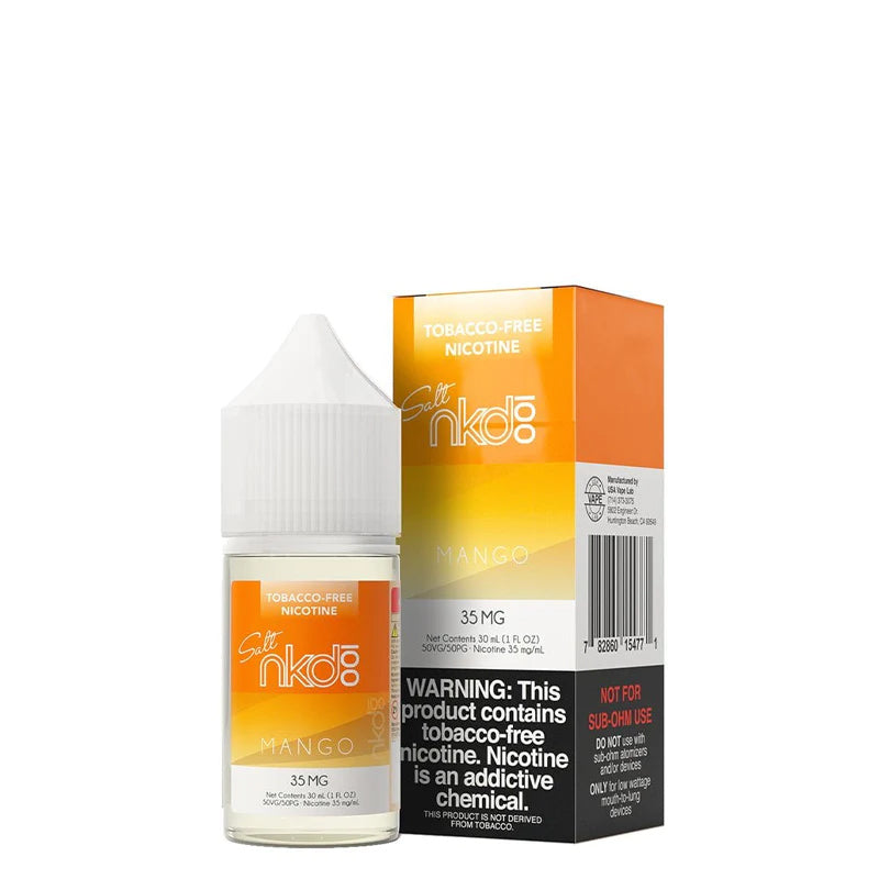 A 30ml bottle of Mango Naked Synthetic Salt and a box with a warning sign next to it  - Vaper Corner