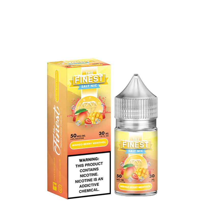 A box of Mango Berry Menthol Finest SaltNic Series with a warning sign and a 30ml bottle next to it - Vaper Corner