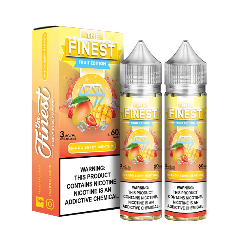 A box of Mango Berry ICE Finest Fruit Edition with a warning sign and two 60ml bottles next to it - Vaper Corner