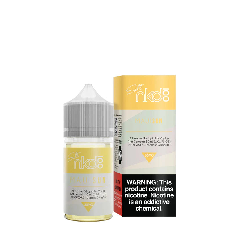 A 30ml bottle of Maui Sun Naked 100 Salt eLiquid and a box with a warning sign next to it  - Vaper Corner