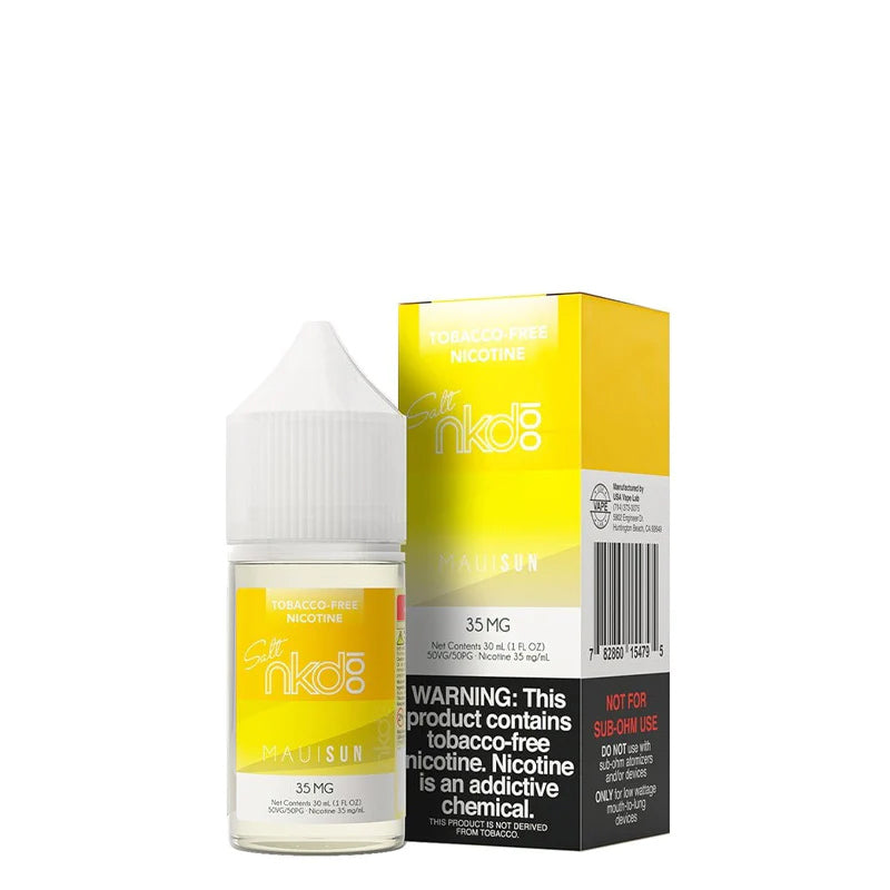 A 30ml bottle of Maui Sun Naked Synthetic Salt and a box with a warning sign next to it  - Vaper Corner