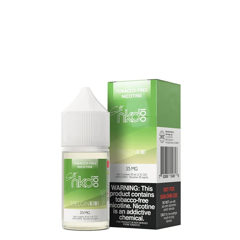 A 30ml bottle of Melon Kiwi Naked Synthetic Salt and a box with a warning sign next to it  - Vaper Corner