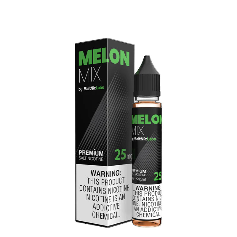 A box of Melon Mix VGOD SaltNic with a warning sign and a 30ml bottle next to it - Vaper Corner