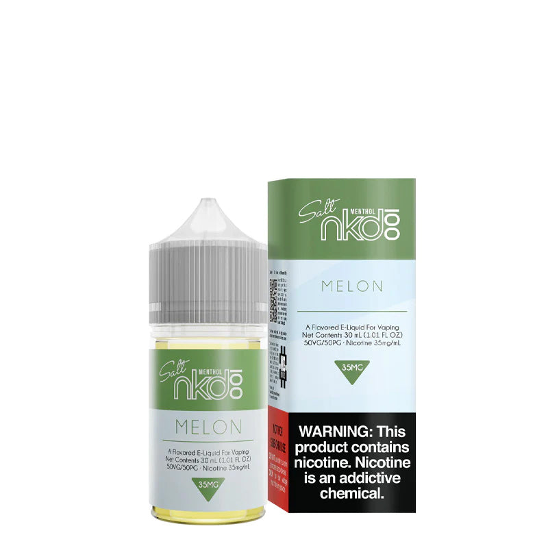 A 30ml bottle of Melon Naked 100 Salt eLiquid and a box with a warning sign next to it - Vaper Corner