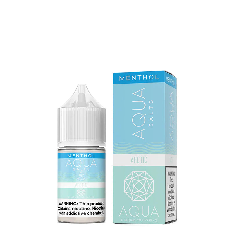 A 30ml bottle of Menthol Arctic AQUA Synthetic Salts with a warning sign and a box next to it - Vaper Corner