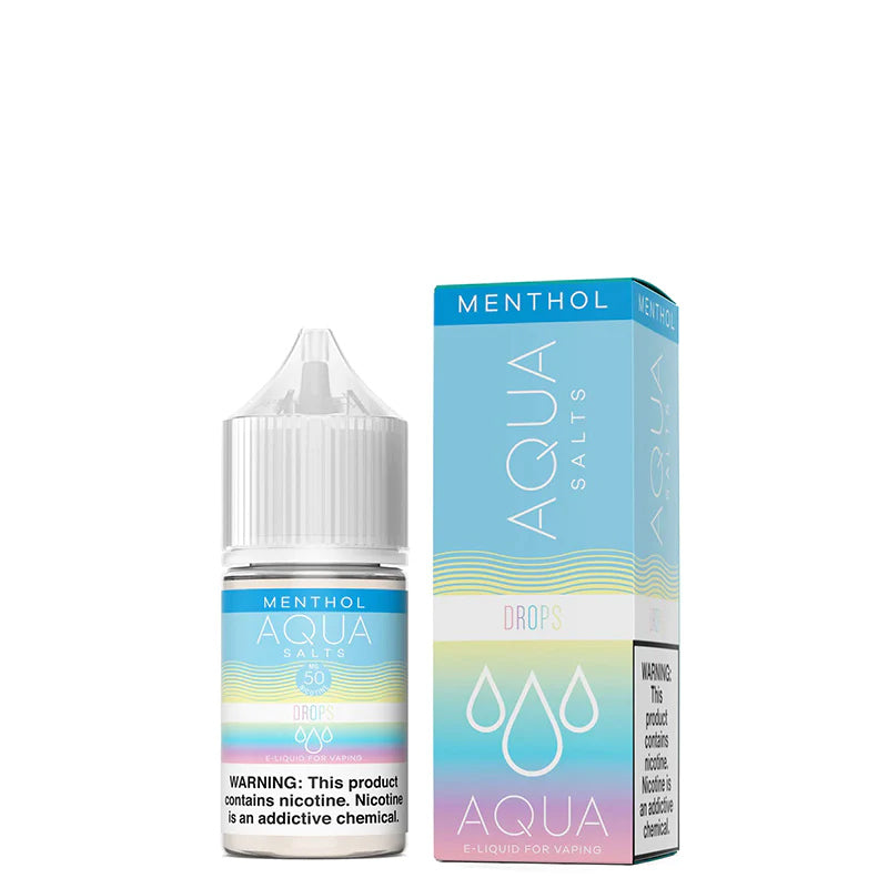 A 30ml bottle of Menthol Drops AQUA Synthetic Salts with a warning sign and a box next to it - Vaper Corner