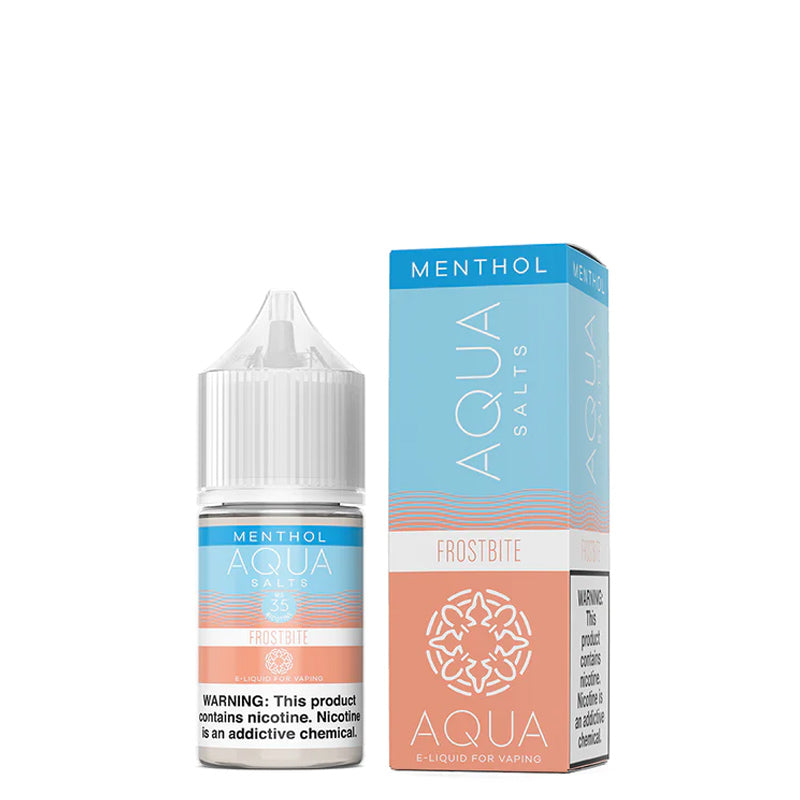 A 30ml bottle of Menthol Frostbite AQUA Synthetic Salts with a warning sign and a box next to it - Vaper Corner