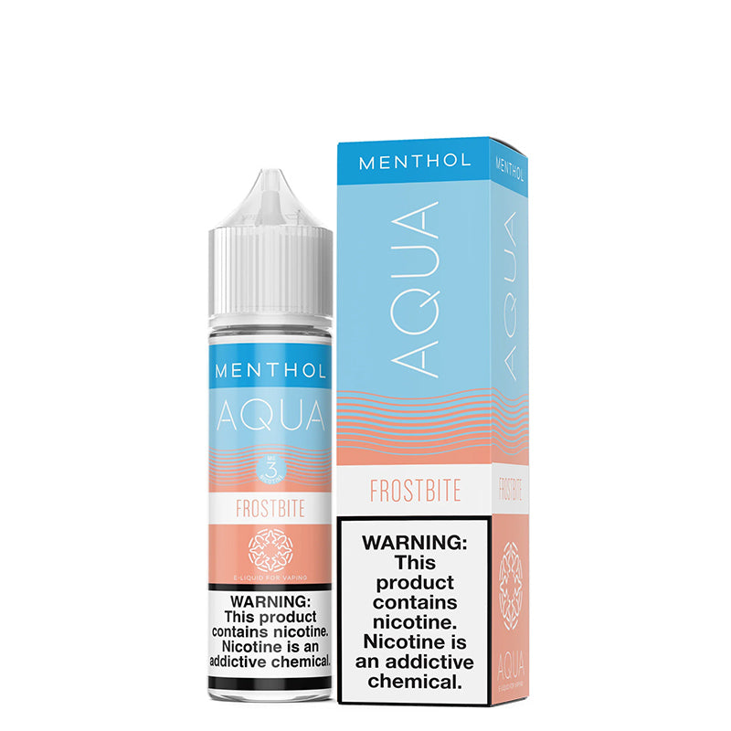 A 60ml bottle of Menthol Frostbite AQUA eLiquid with a warning sign and a box next to it - Vaper Corner