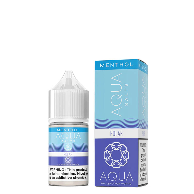 A 30ml bottle of Menthol Polar AQUA Synthetic Salts with a warning sign and a box next to it - Vaper Corner