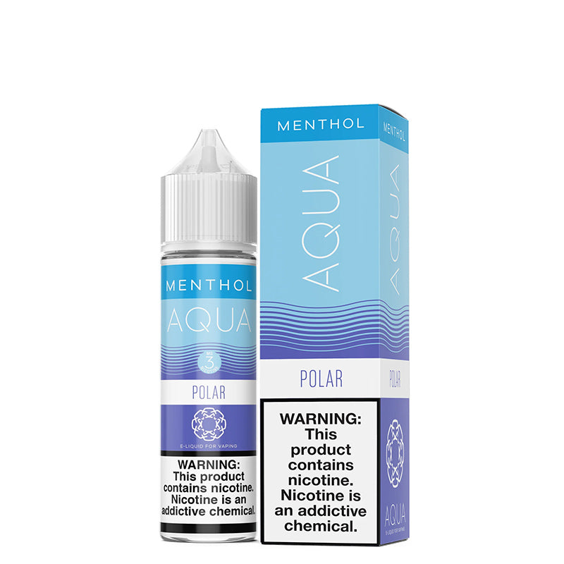 A 60ml bottle of Menthol Polar AQUA eLiquid with a warning sign and a box next to it - Vaper Corner