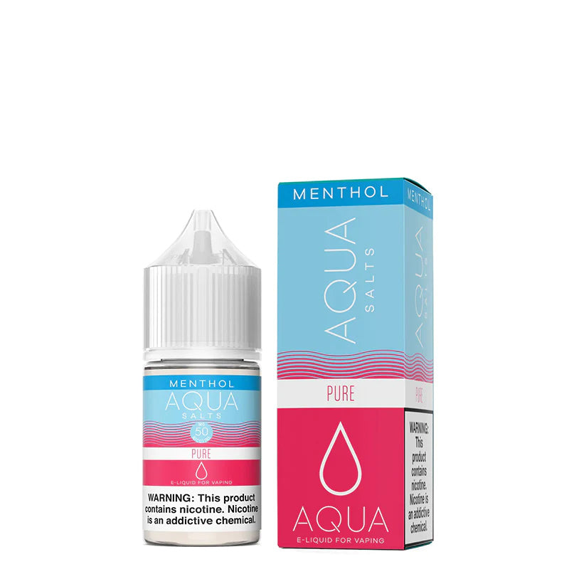 A 30ml bottle of Menthol PURE AQUA Synthetic Salts with a warning sign and a box next to it - Vaper Corner