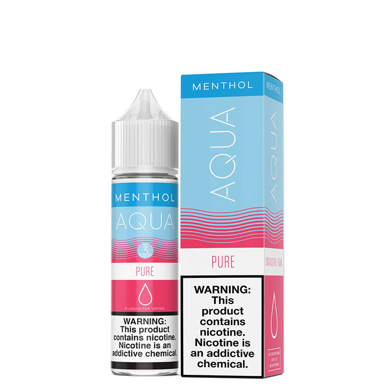 A 60ml bottle of Menthol Pure AQUA eLiquid with a warning sign and a box next to it - Vaper Corner